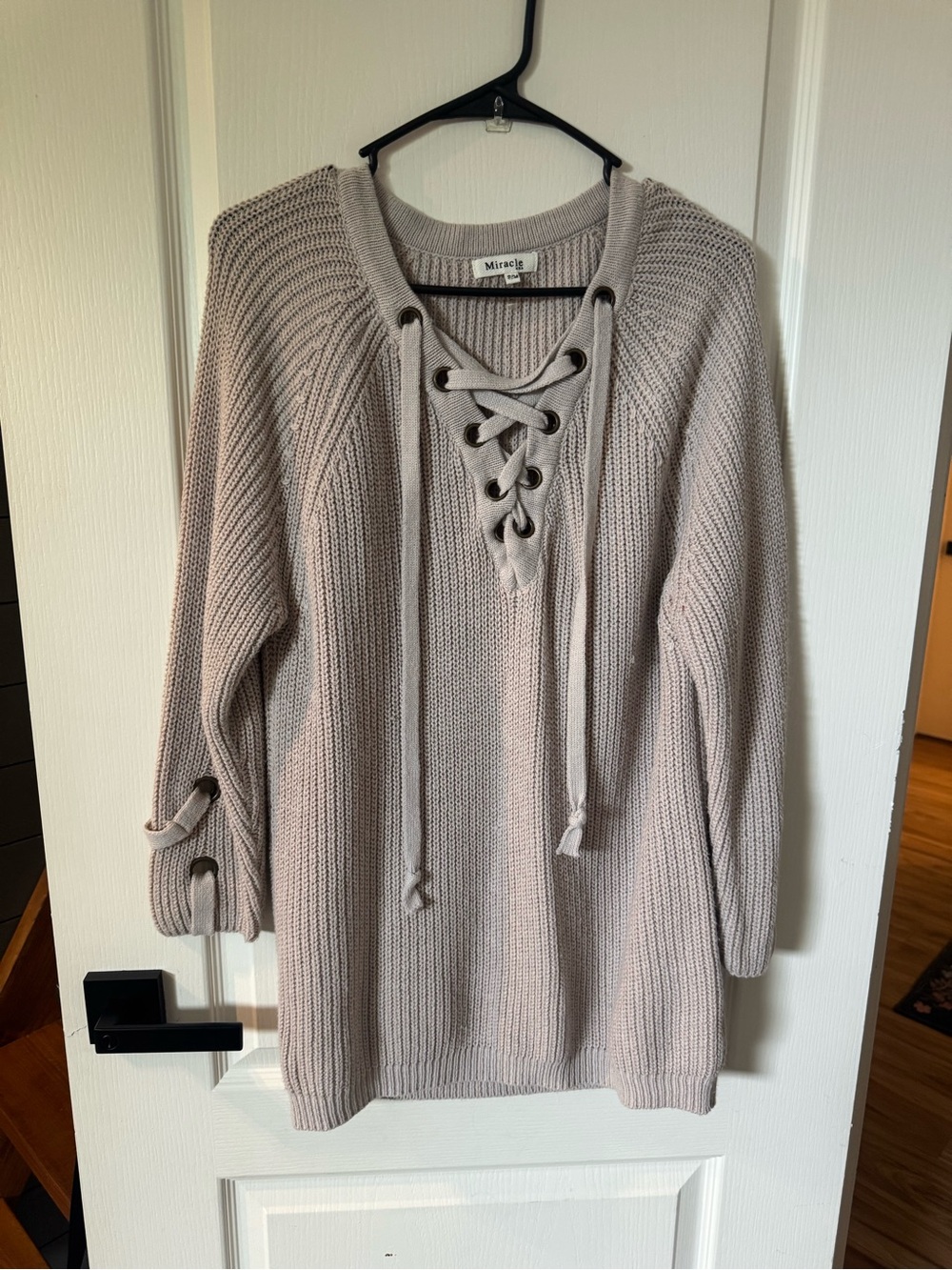 Miracle Lace-Up V-Neck Knit Sweater in Light Taupe Gray